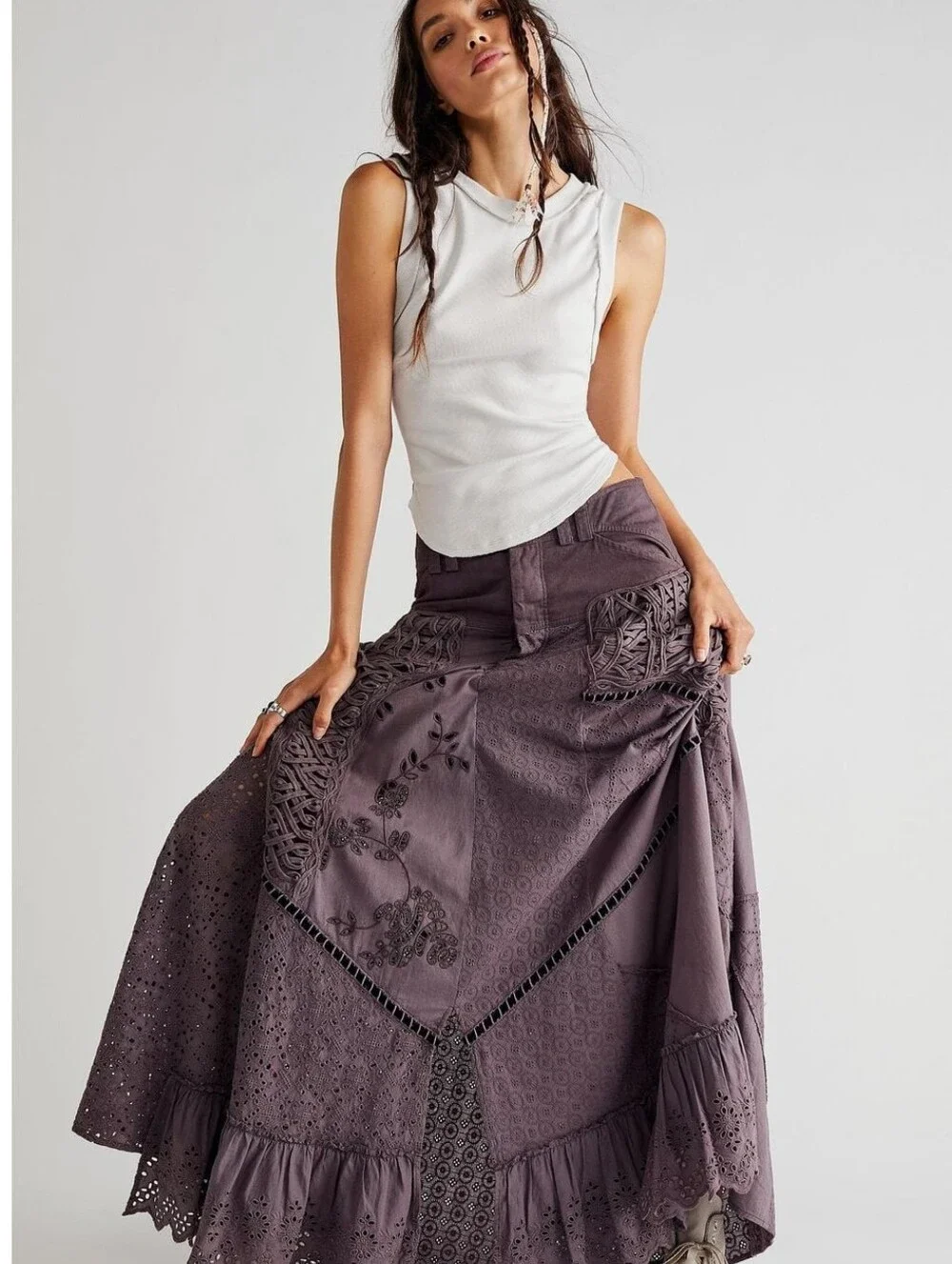 Free People Night Fall Maxi Skirt Noir Gray Crochet Eyelet Size 12